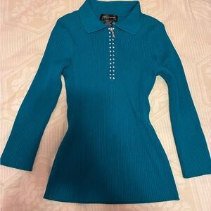 Cable & Gauge Teal Ribbed Long Sleeve Polo with Rhinestone Zip